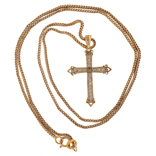 3056 - A 9ct gold Renaissance Revival diamond cross pendant on a 9ct gold herringbone necklace, 3cm high an... 