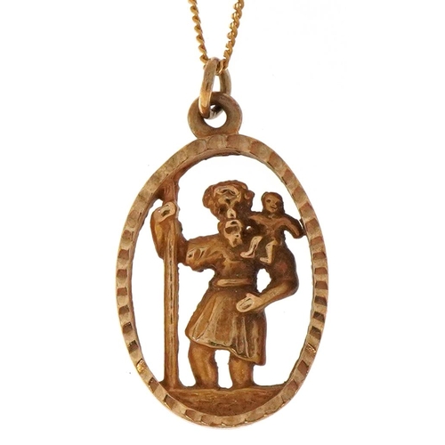 3073 - A 9ct gold St. Christopher pendant on a 9ct gold necklace, 2cm high and 46cm in length, total 3.0g.