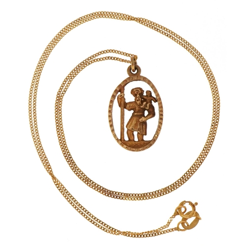 3073 - A 9ct gold St. Christopher pendant on a 9ct gold necklace, 2cm high and 46cm in length, total 3.0g.