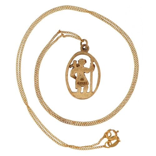 3073 - A 9ct gold St. Christopher pendant on a 9ct gold necklace, 2cm high and 46cm in length, total 3.0g.