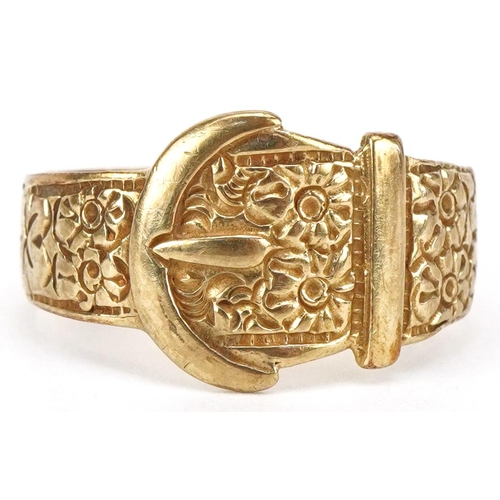 A 9ct gold floral engraved buckle ring, size U/V, 3.8g.