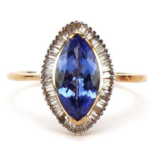 3084 - A 9ct gold marquis tanzanite and diamond ring, size O, 2.6g.