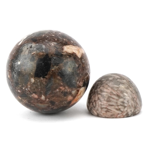 388 - A 20th century reconstituted marble ball, 9cm, together with another piece of polished marble, 6cm i... 