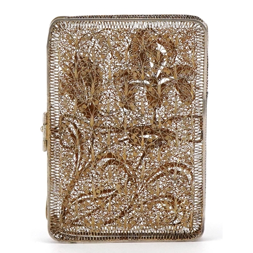 577 - A 19th century silver gilt filigree card case decorated with irises, 9cm high, 45.7g.