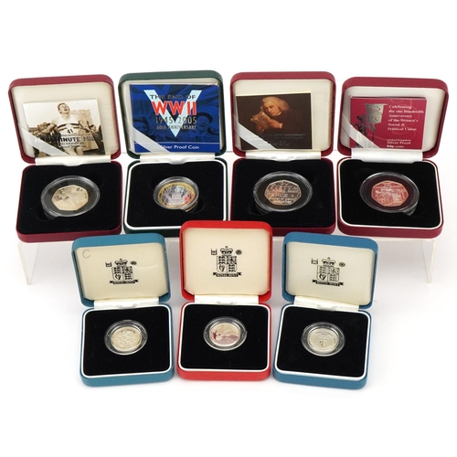 1317 - Seven boxed British silver proof coins some with certificates of authenticity to include End of Worl... 