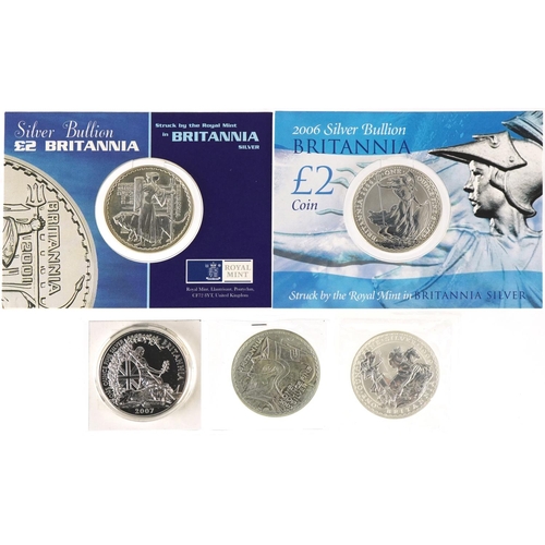 1286 - Five Britannia one ounce fine silver two pound coins to include dates 1999, 2001, 2003, 2006 and 200... 