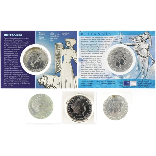 1286 - Five Britannia one ounce fine silver two pound coins to include dates 1999, 2001, 2003, 2006 and 200... 