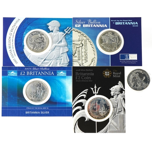 1287 - Five Britannia one ounce fine silver two pound coins dates 2001, 2004, 2005, 2007 and 2008.