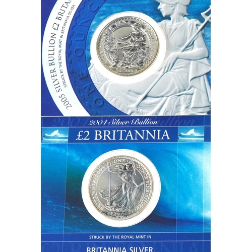 1287 - Five Britannia one ounce fine silver two pound coins dates 2001, 2004, 2005, 2007 and 2008.