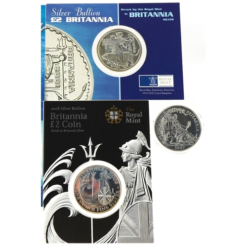 1287 - Five Britannia one ounce fine silver two pound coins dates 2001, 2004, 2005, 2007 and 2008.