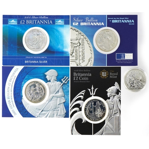 1288 - Five Britannia one ounce fine silver two pound coins dates 2001, 2004, 2005, 2007 and 2008.