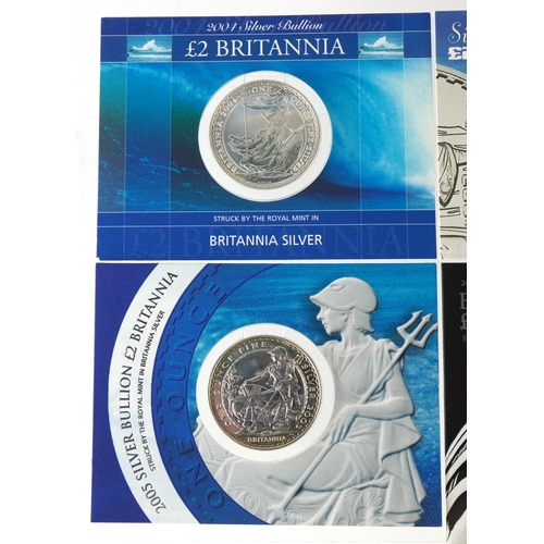 1288 - Five Britannia one ounce fine silver two pound coins dates 2001, 2004, 2005, 2007 and 2008.