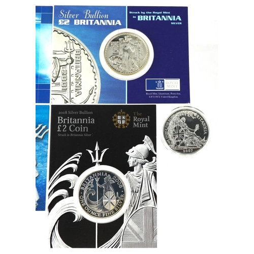 1288 - Five Britannia one ounce fine silver two pound coins dates 2001, 2004, 2005, 2007 and 2008.