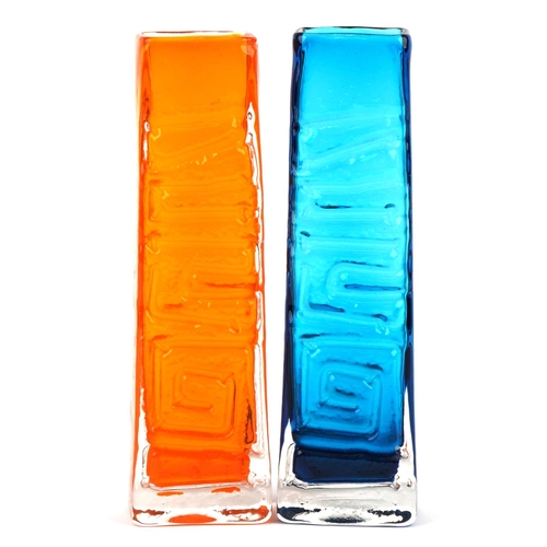 97 - Geoffrey Baxter for Whitefriars, two totem pole glass vases, one in blue and the other orange, 26cm ... 