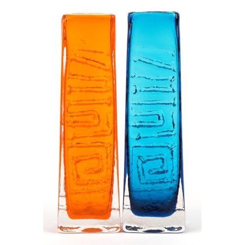 97 - Geoffrey Baxter for Whitefriars, two totem pole glass vases, one in blue and the other orange, 26cm ... 