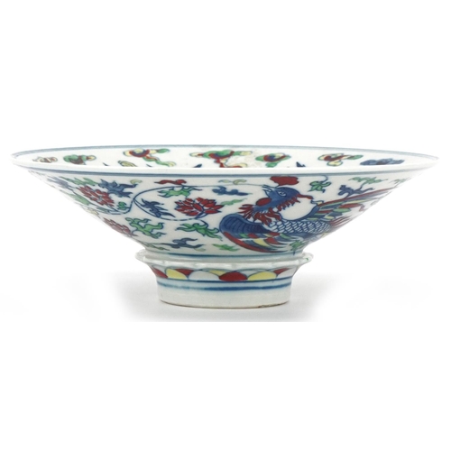 116 - A 20th century Chinese porcelain footed bowl hand painted with phoenixes amongst clouds, six figure ... 