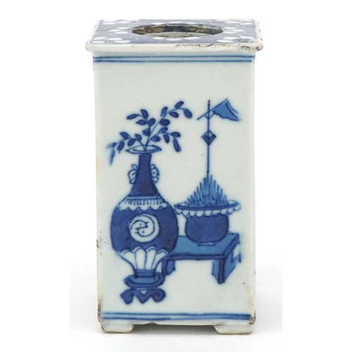 152 - A Chinese blue and white porcelain flat sided teapot hand painted with still life objects, 10cm high... 