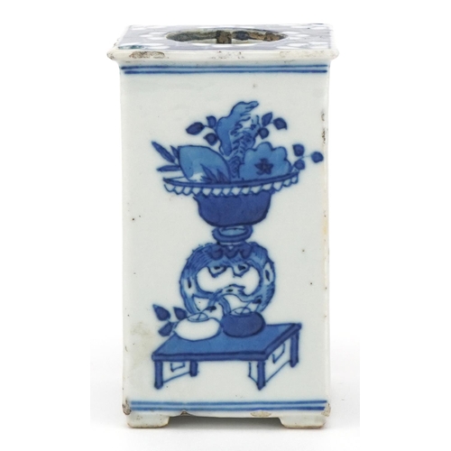 152 - A Chinese blue and white porcelain flat sided teapot hand painted with still life objects, 10cm high... 