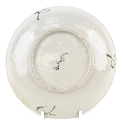 115 - A Chinese porcelain shallow dish hand painted with fish and script, 17cm in diameter.