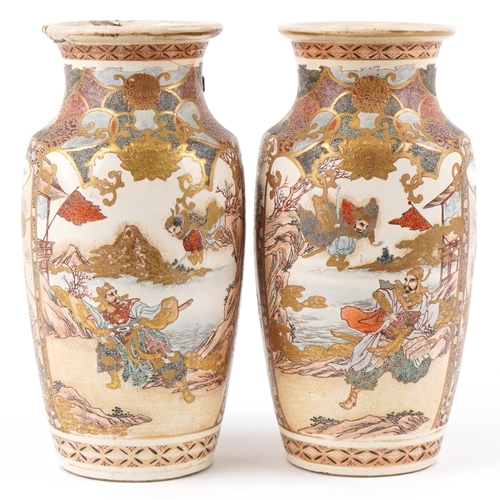 118 - A large pair of Japanese Satsuma vases hand painted with Samurai warriors, 38cm high.