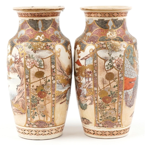 118 - A large pair of Japanese Satsuma vases hand painted with Samurai warriors, 38cm high.