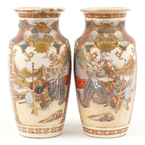 118 - A large pair of Japanese Satsuma vases hand painted with Samurai warriors, 38cm high.