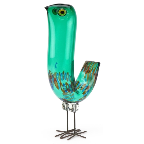 Alessandro Pianon for Vetreria Vistosi, a Murano Pulcino green and blue polychrome glass Pulchino bird on hammered metal feet, 32cm high.