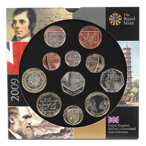 A 2009 United Kingdom brilliant uncirculated coin collection to include Kew Gardens fifty pence piece.