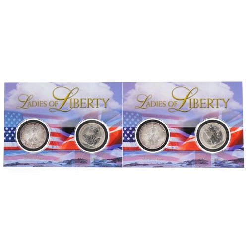 1299 - Two 2002 Ladies of Liberty US and UK silver dollar sets comprising two one ounce fine silver eagles ... 