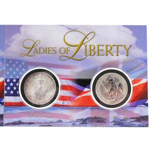 1299 - Two 2002 Ladies of Liberty US and UK silver dollar sets comprising two one ounce fine silver eagles ... 