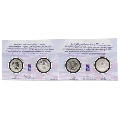 1299 - Two 2002 Ladies of Liberty US and UK silver dollar sets comprising two one ounce fine silver eagles ... 