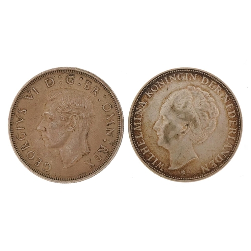 1239 - Two silver coins to include a George VI 1937 crown and a Queen Wilhelmina silver two and a half guld... 