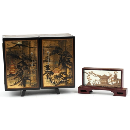 2541 - A Chinese black lacquered and gilt painted musical jewellery cabinet, 20th century, 23cm H x 27cm W ... 