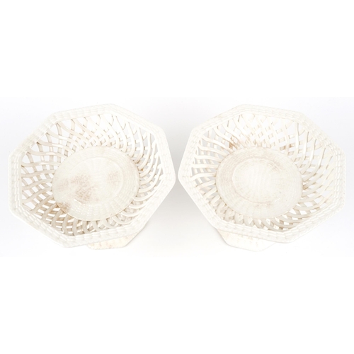 267 - A pair of 19th century Leeds creamware pierced tazzas, 16cm high x 24cm wide.