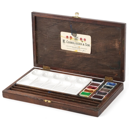 1641 - A 20th century artist's box with palette and paints, bearing an L. Cornelissen & Son label to the in... 