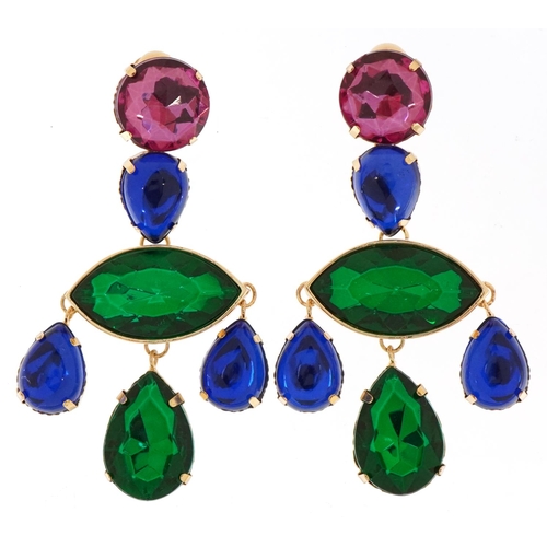 A pair of Arnold Scaasi clip on drop earrings, 8cm high.