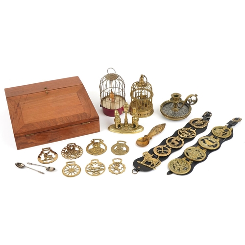 2622 - Sundry items including horse brasses Victorian brass chamberstick, lightwood writing slope and an au... 