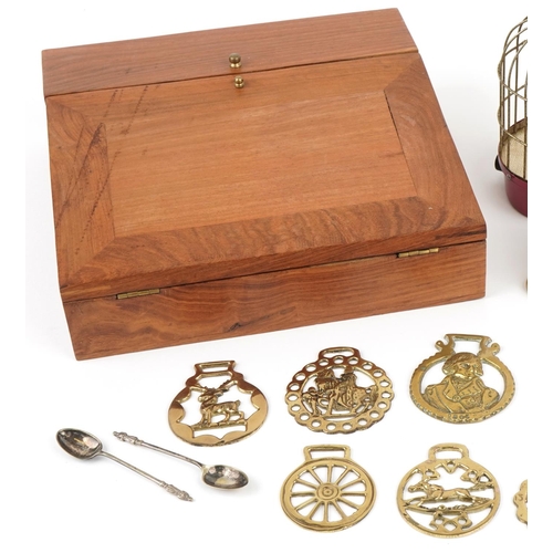 2622 - Sundry items including horse brasses Victorian brass chamberstick, lightwood writing slope and an au... 