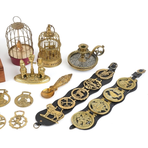 2622 - Sundry items including horse brasses Victorian brass chamberstick, lightwood writing slope and an au... 