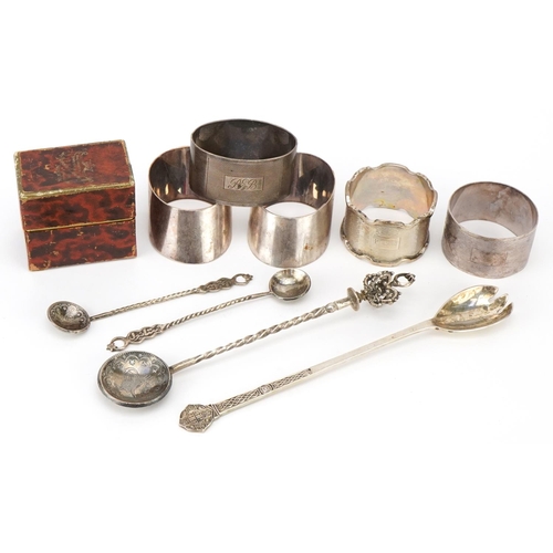 584 - Antique and later silver including five napkin rings and Middle Eastern spoons, the largest 18cm in ... 