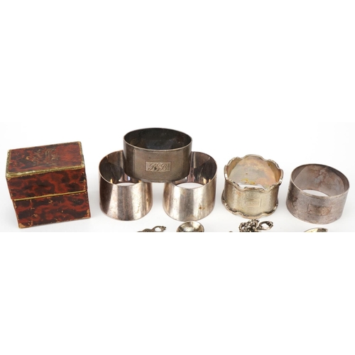 584 - Antique and later silver including five napkin rings and Middle Eastern spoons, the largest 18cm in ... 