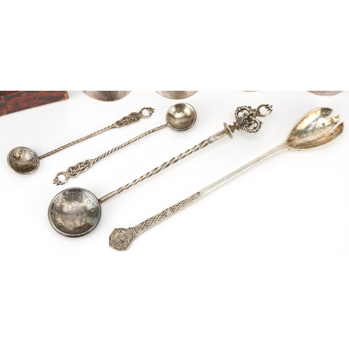 584 - Antique and later silver including five napkin rings and Middle Eastern spoons, the largest 18cm in ... 