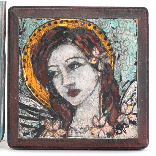 424 - Sarah Pauline - Portrait of a girl, contemporary mixed media on panel, 24cm x 17cm, together with a ... 