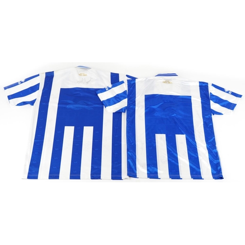 1411 - Two signed Brighton & Hove Albion 2000-2021 home football shirts, one XL, the other S.