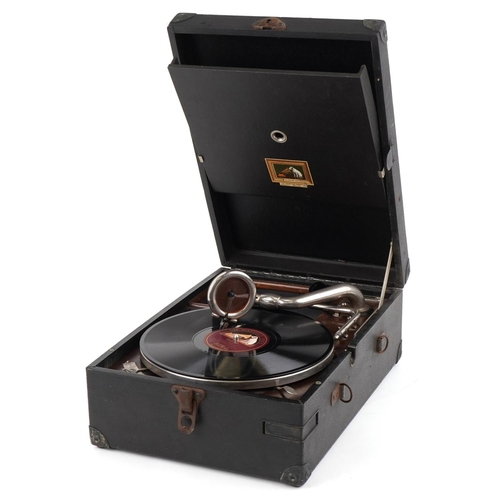 1214 - A vintage His Master's Voice portable gramophone retailed by Barr Cochrane.