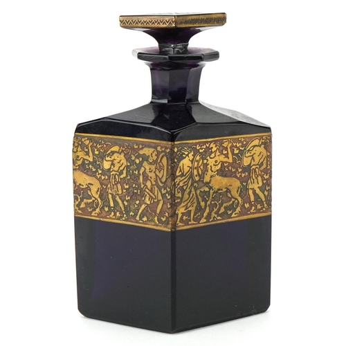 A Moser Bohemian amethyst glass perfume bottle with gilded surround frieze, stamped Karlovey Vary to the base, 15cm high.