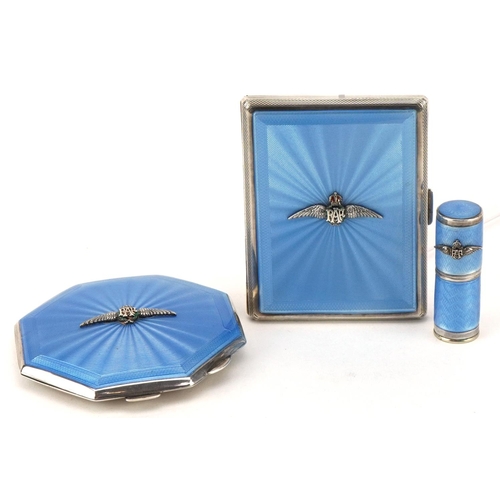 John William Barrett, military interest RAF silver and blue guilloche enamel compact, cigarette case and lipstick holder, Birmingham 1948, the largest 8cm in length, total weight 271.0g.