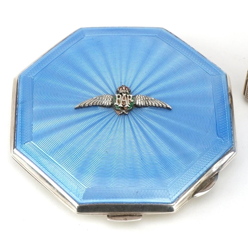 21 - John William Barrett, military interest RAF silver and blue guilloche enamel compact, cigarette case... 