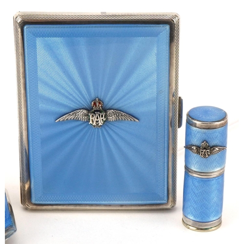 21 - John William Barrett, military interest RAF silver and blue guilloche enamel compact, cigarette case... 