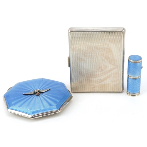 21 - John William Barrett, military interest RAF silver and blue guilloche enamel compact, cigarette case... 